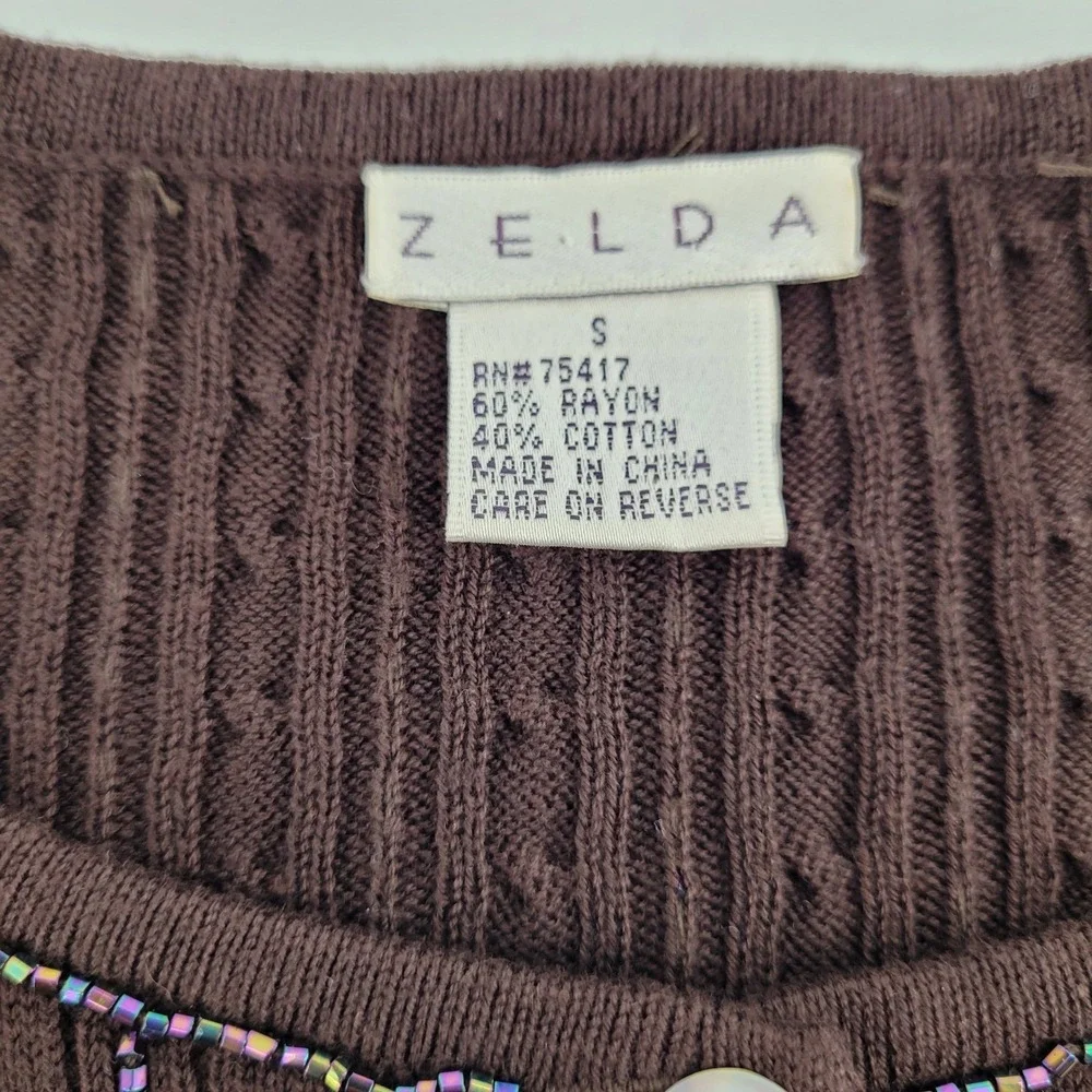 Zelda Womens Small Brown Beaded Cable Knit Cardigan Sweater Rayon Cotton Blend - Picture 4 of 12